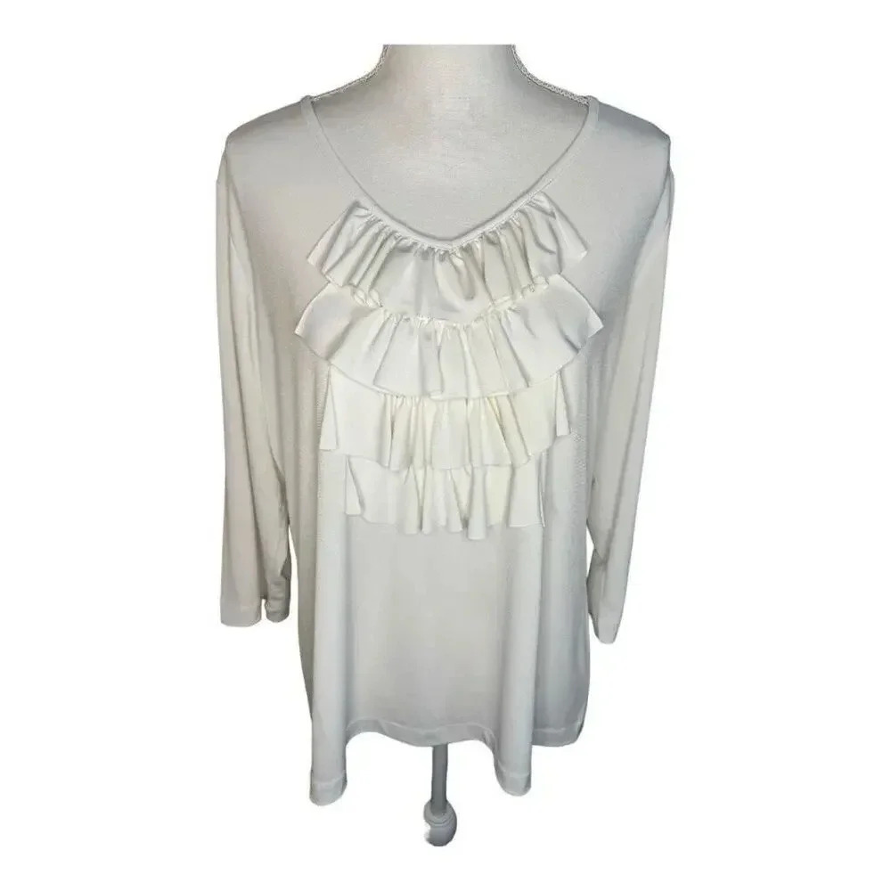 Susan Graver Women’s Large Ivory Tiered Ruffle V-Neck Long Sleeve Top